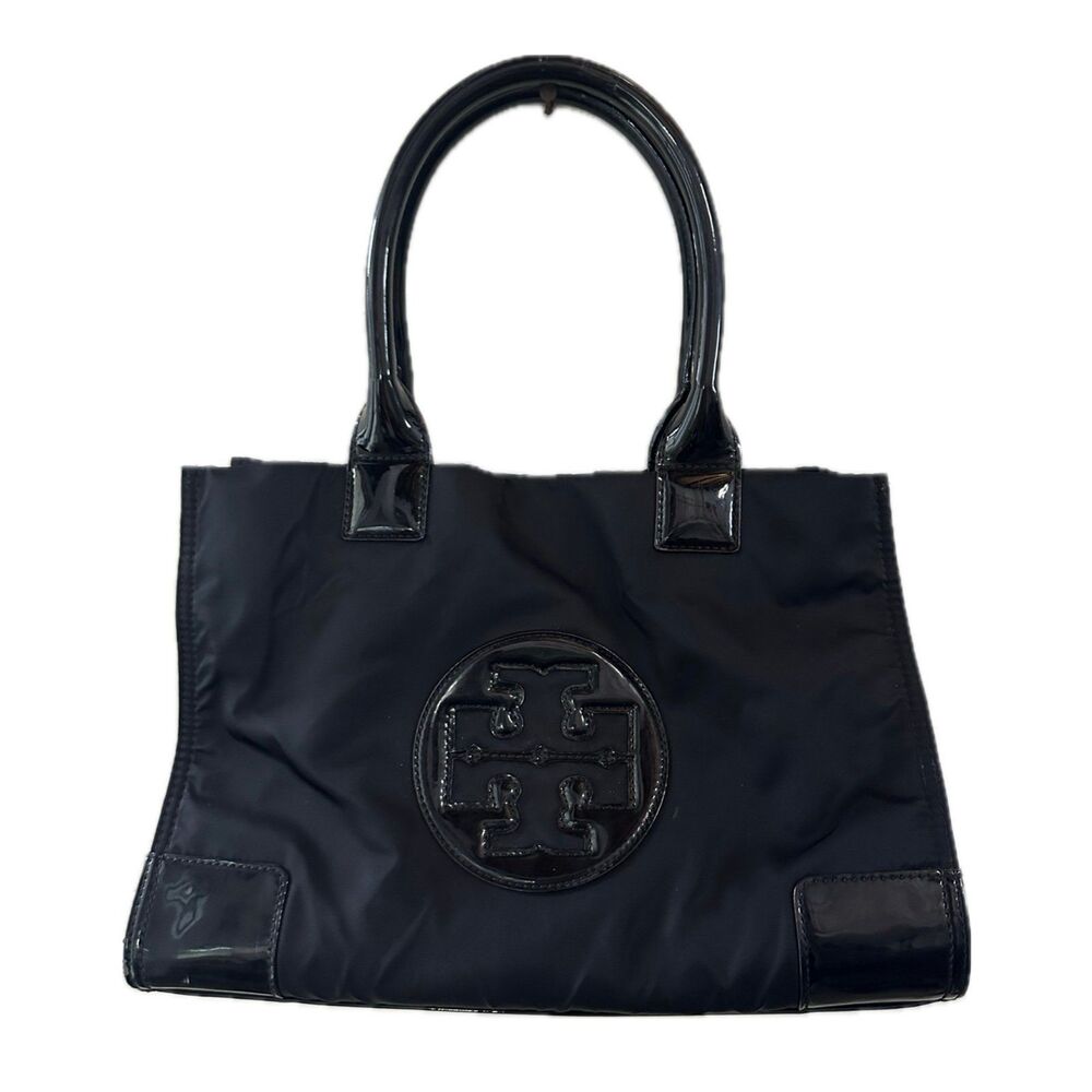 Tory Burch Ella De-Bossed Iconic Logo Black Patent Recycled Nylon Small Tote Bag